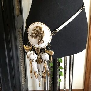 White and Gold Fringe Belt with Leopard Medallion
